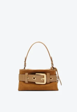 Bolsa Shoulder Vicenza Lien Pequena Caramelo em Camurça com Fivela Frontal