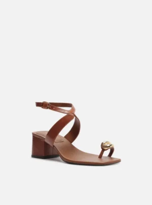 Sandália Arezzo Marrom Couro Salto Bloco Metal Bold 6,1cm