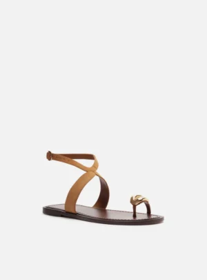 Sandália Rasteira Nobuck Caramelo com Metal Bold Dourado